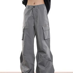Trendy Workwear Wide-Leg Functional Streetwear Pants with Zip Pockets for Men and Women - Hip-Hop Style, Urban Fashion