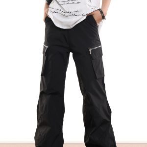 Trendy Workwear Wide-Leg Functional Streetwear Pants with Zip Pockets for Men and Women - Hip-Hop Style, Urban Fashion