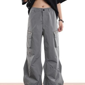 Trendy Workwear Wide-Leg Functional Streetwear Pants with Zip Pockets for Men and Women - Hip-Hop Style, Urban Fashion