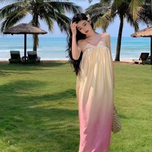 Tulip Yellow Gradient Spaghetti Strap Dress - French-Style Ultra-Fairy Vacation Floral V-Neck Dress for Seaside Vibes