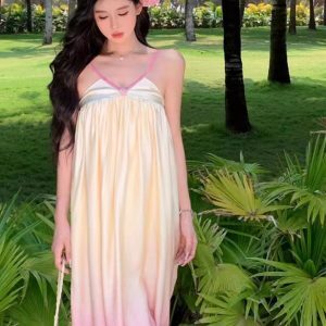 Tulip Yellow Gradient Spaghetti Strap Dress - French-Style Ultra-Fairy Vacation Floral V-Neck Dress for Seaside Vibes