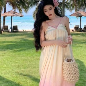 Tulip Yellow Gradient Spaghetti Strap Dress - French-Style Ultra-Fairy Vacation Floral V-Neck Dress for Seaside Vibes