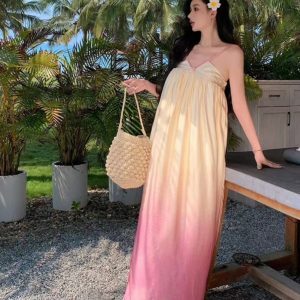Tulip Yellow Gradient Spaghetti Strap Dress - French-Style Ultra-Fairy Vacation Floral V-Neck Dress for Seaside Vibes
