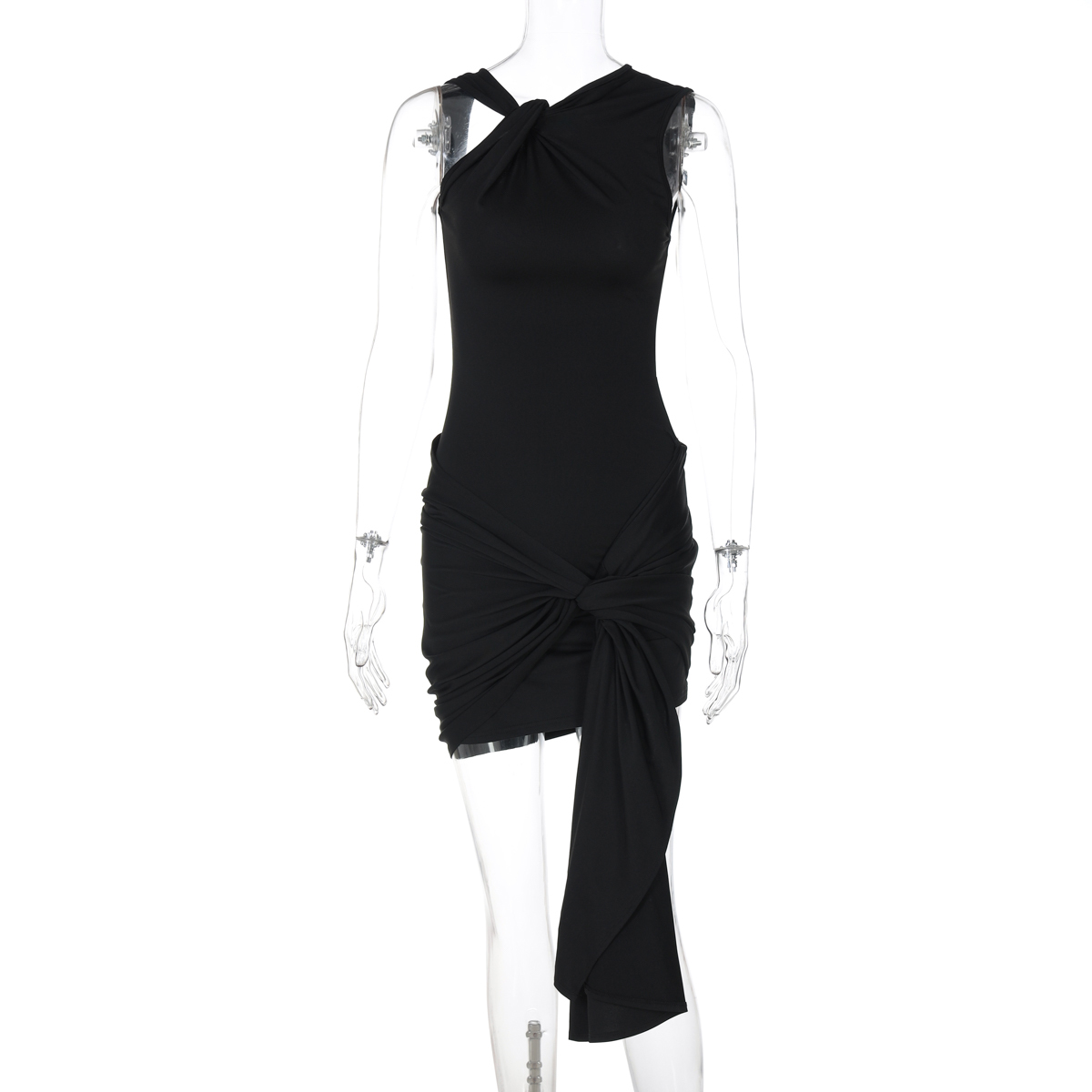 Twisted Neckline Dress for Women - Elastic Slim Fit Tie Waist, Hip-Hugging European American Style, Trendy Temperament Fashion Dress