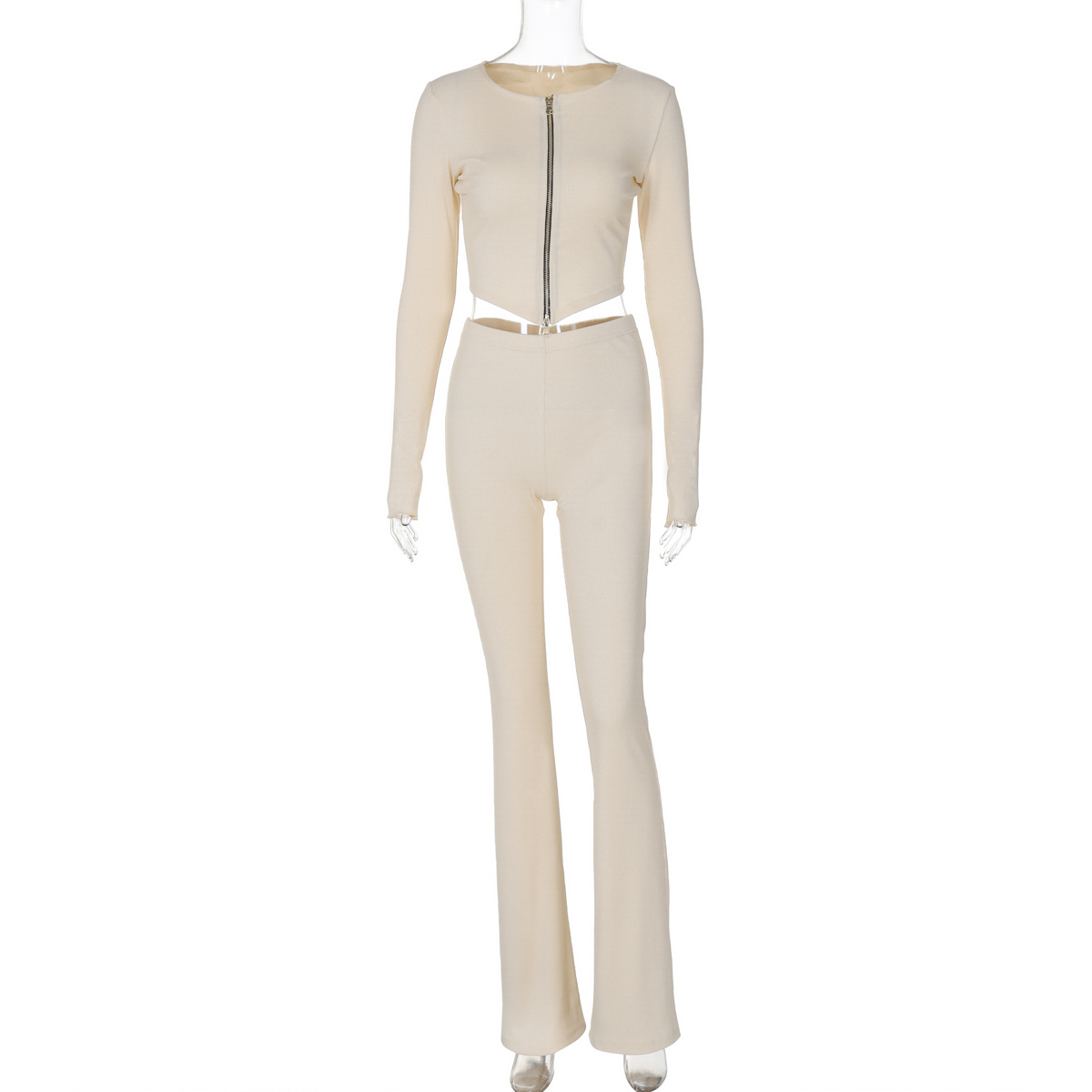 Two-Piece Set: Long Sleeve Cardigan with Two-Way Zipper & High-Waisted Slim Pants - European & American INS Style for Women