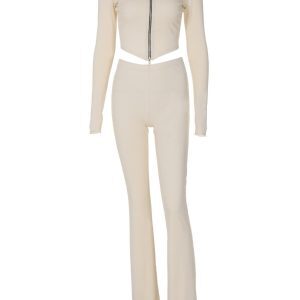 Two-Piece Set: Long Sleeve Cardigan with Two-Way Zipper & High-Waisted Slim Pants - European & American INS Style for Women