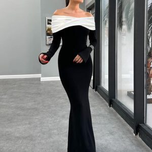 Two-Tone Spliced Off-the-Shoulder Long Sleeve Dress for Women, Fitted Knee-Length Skirt, European American Instagram Style
