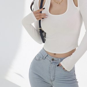 U-Neck Off-Shoulder Halter Top - Retro Elastic Knit Hollow Out Faux Two-Piece Shirt for a Sexy European & American Style Look