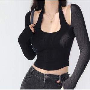 U-Neck Off-Shoulder Halter Top - Retro Elastic Knit Hollow Out Faux Two-Piece Shirt for a Sexy European & American Style Look