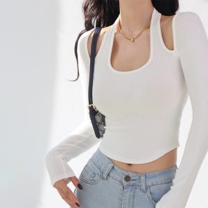 U-Neck Off-Shoulder Halter Top - Retro Elastic Knit Hollow Out Faux Two-Piece Shirt for a Sexy European & American Style Look