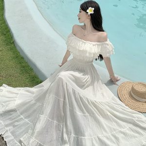 Ultra-Fairy Off-Shoulder Dress with Fringe Design - French-Style Oversized Heavy-Duty Vacation Dress for Women