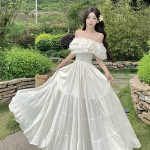 Ultra-Fairy Off-Shoulder Dress with Fringe Design - French-Style Oversized Heavy-Duty Vacation Dress for Women