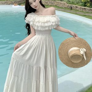 Ultra-Fairy Off-Shoulder Dress with Fringe Design - French-Style Oversized Heavy-Duty Vacation Dress for Women