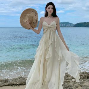 Ultra-Feminine French-Style Ruffled Strap Dress with Irregular Split - Sexy Long Fairy Dress for Beach Vacation