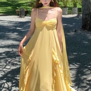 Ultra-Feminine Greek Goddess Spaghetti Strap Chiffon Dress with Ruffles and Flowing Skirt for Seaside Summer Vacation