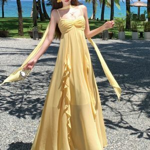 Ultra-Feminine Greek Goddess Spaghetti Strap Chiffon Dress with Ruffles and Flowing Skirt for Seaside Summer Vacation