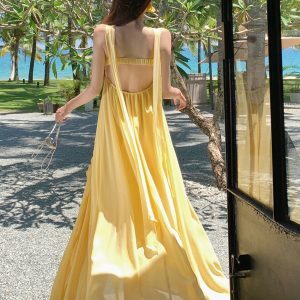 Ultra-Feminine Greek Goddess Spaghetti Strap Chiffon Dress with Ruffles and Flowing Skirt for Seaside Summer Vacation