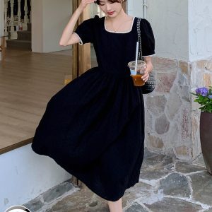 Unique Black Square-Neck Dress for Women - French Style Hepburn-Inspired, Waist-Cinching, Long Summer Dress 2025