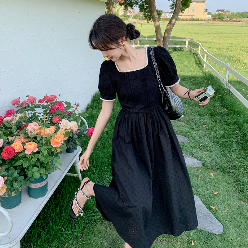 Unique Black Square-Neck Dress for Women - French Style Hepburn-Inspired, Waist-Cinching, Long Summer Dress 2025