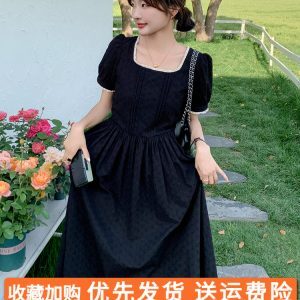 Unique Black Square-Neck Dress for Women - French Style Hepburn-Inspired, Waist-Cinching, Long Summer Dress 2025