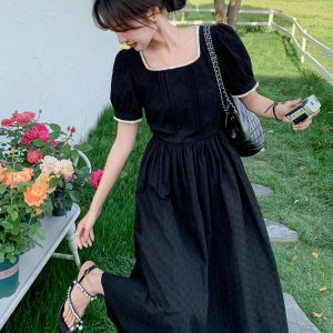 Unique Black Square-Neck Dress for Women - French Style Hepburn-Inspired, Waist-Cinching, Long Summer Dress 2025