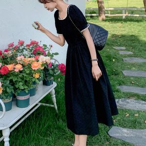 Unique Black Square-Neck Dress for Women - French Style Hepburn-Inspired, Waist-Cinching, Long Summer Dress 2025