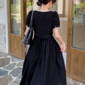 Unique Black Square-Neck Dress for Women - French Style Hepburn-Inspired, Waist-Cinching, Long Summer Dress 2025