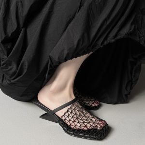 Unique Fishnet Half Slippers with Woven Mesh, Hollow-Out Irregular Heel High-Heeled Outdoor Sandals for Women - Summer Style