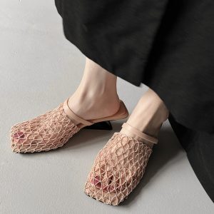 Unique Fishnet Half Slippers with Woven Mesh, Hollow-Out Irregular Heel High-Heeled Outdoor Sandals for Women - Summer Style