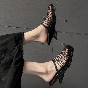 Unique Fishnet Half Slippers with Woven Mesh, Hollow-Out Irregular Heel High-Heeled Outdoor Sandals for Women - Summer Style
