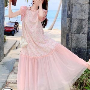 Unique Pink Mermaid Dress for Women - Summer 2025 Trendy Mesh Splicing for Seaside Vacation - Fashionable and Beautiful