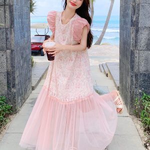 Unique Pink Mermaid Dress for Women - Summer 2025 Trendy Mesh Splicing for Seaside Vacation - Fashionable and Beautiful