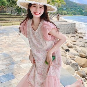 Unique Pink Mermaid Dress for Women - Summer 2025 Trendy Mesh Splicing for Seaside Vacation - Fashionable and Beautiful