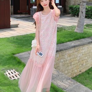 Unique Pink Mermaid Dress for Women - Summer 2025 Trendy Mesh Splicing for Seaside Vacation - Fashionable and Beautiful