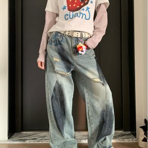 Unisex American Retro Graffiti Distressed Ripped Jeans - Loose Straight High Street Style Long Pants