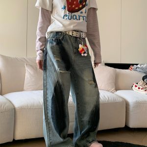 Unisex American Retro Graffiti Distressed Ripped Jeans - Loose Straight High Street Style Long Pants
