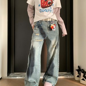 Unisex American Retro Graffiti Distressed Ripped Jeans - Loose Straight High Street Style Long Pants