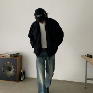 Unisex American Vintage Short Wide Fit Jacket - Casual Loose Streetwear with Stand Collar and Zipper - 90s Inspired
