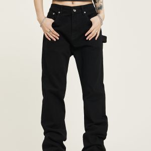 Unisex Black Straight Leg Jeans, Slim Fit, Trendy American Streetwear Casual Pants for Men and Women