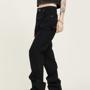 Unisex Black Straight Leg Jeans, Slim Fit, Trendy American Streetwear Casual Pants for Men and Women