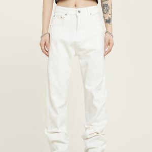 Unisex Black Straight Leg Jeans, Slim Fit, Trendy American Streetwear Casual Pants for Men and Women