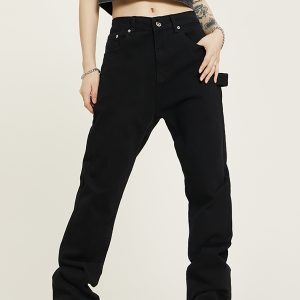 Unisex Black Straight Leg Jeans, Slim Fit, Trendy American Streetwear Casual Pants for Men and Women