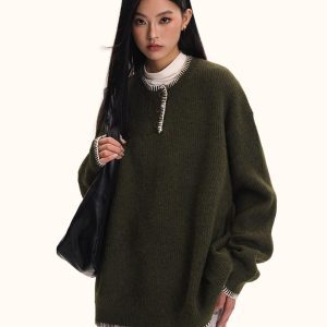 Unisex Hand-Sewn Henry Collar Sweater - Loose Fit American Vintage Style Top Jacket