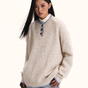 Unisex Hand-Sewn Henry Collar Sweater - Loose Fit American Vintage Style Top Jacket