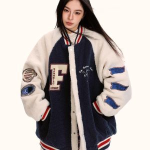 Unisex Lambswool Padded Baseball Jacket - Vintage American Style Cotton Coat for Autumn and Winter, Trendy Loose Fit
