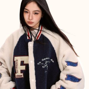 Unisex Lambswool Padded Baseball Jacket - Vintage American Style Cotton Coat for Autumn and Winter, Trendy Loose Fit
