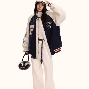 Unisex Lambswool Padded Baseball Jacket - Vintage American Style Cotton Coat for Autumn and Winter, Trendy Loose Fit