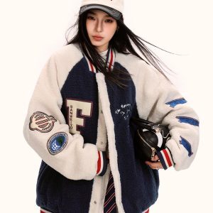 Unisex Lambswool Padded Baseball Jacket - Vintage American Style Cotton Coat for Autumn and Winter, Trendy Loose Fit