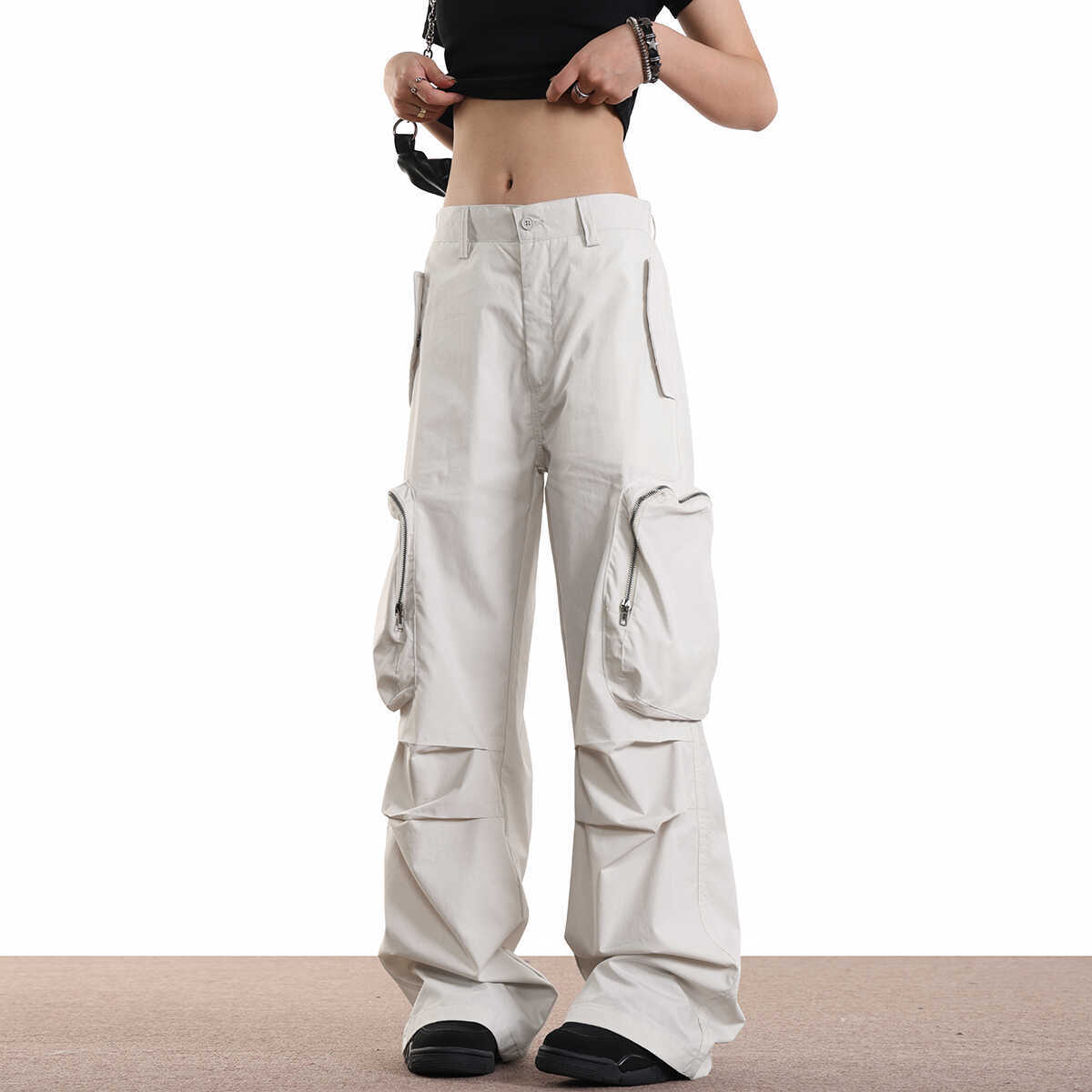 Unisex Large Pocket Work Cargo Pants - Loose Fit Gray Straight-Leg Paratrooper Style for Outdoor Adventure