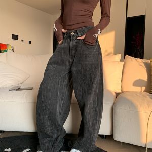 Unisex Lightning Pattern Denim Pants - Loose Casual Straight Leg, Versatile Floor-Length Jeans for Spring 2025 Fashion